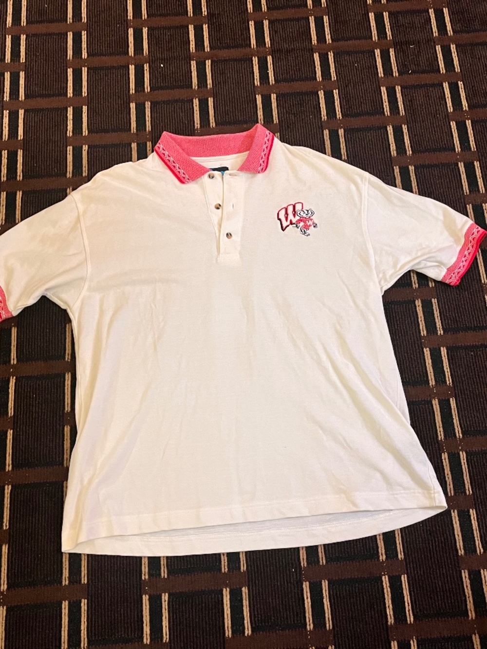 RARE Vintage 90s Wisconsin Badgers Polo Golf Shirt Large White Red Collar (610)